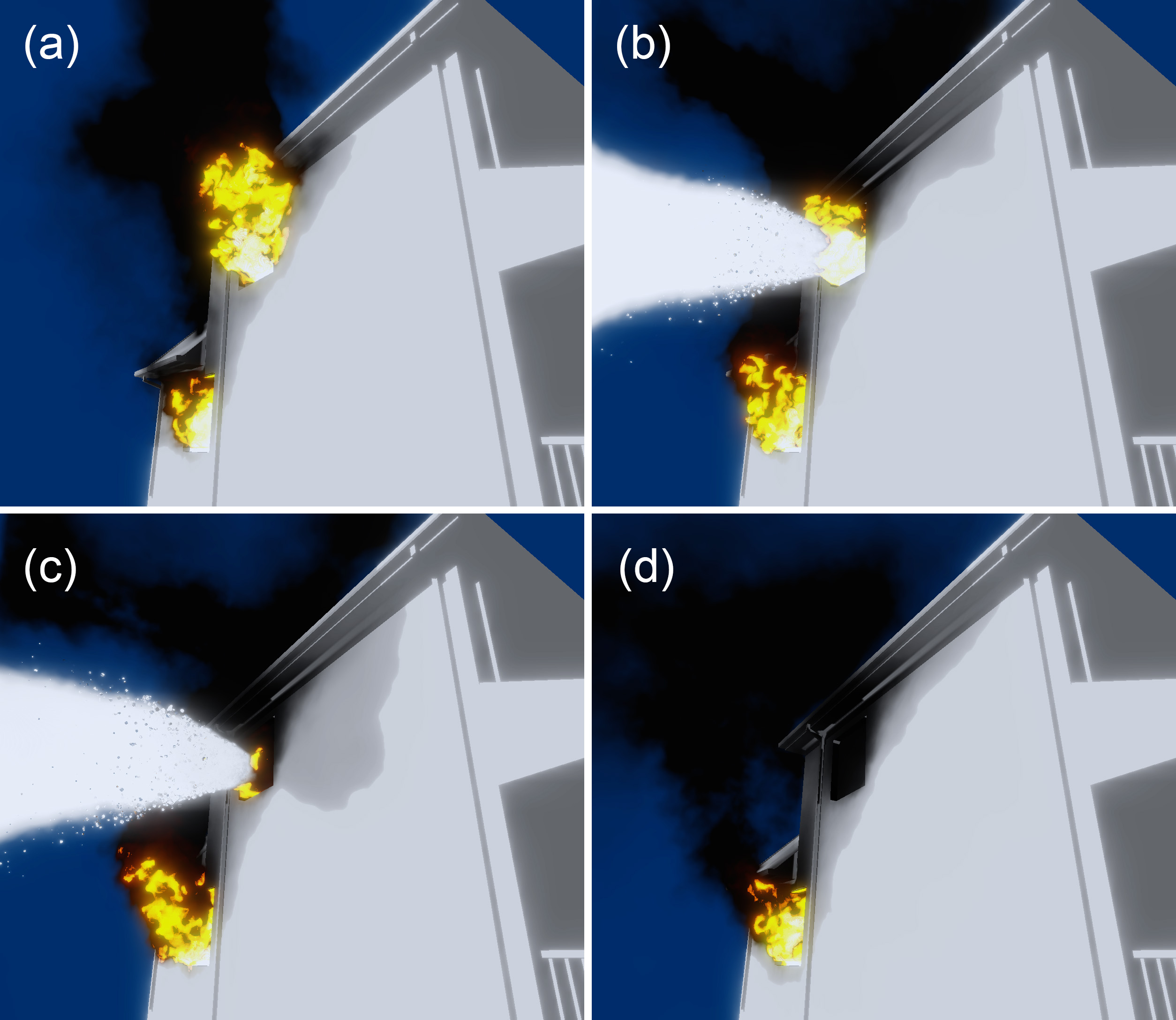 Simulation showing fire suppression at a window using principles of fluid dynamics