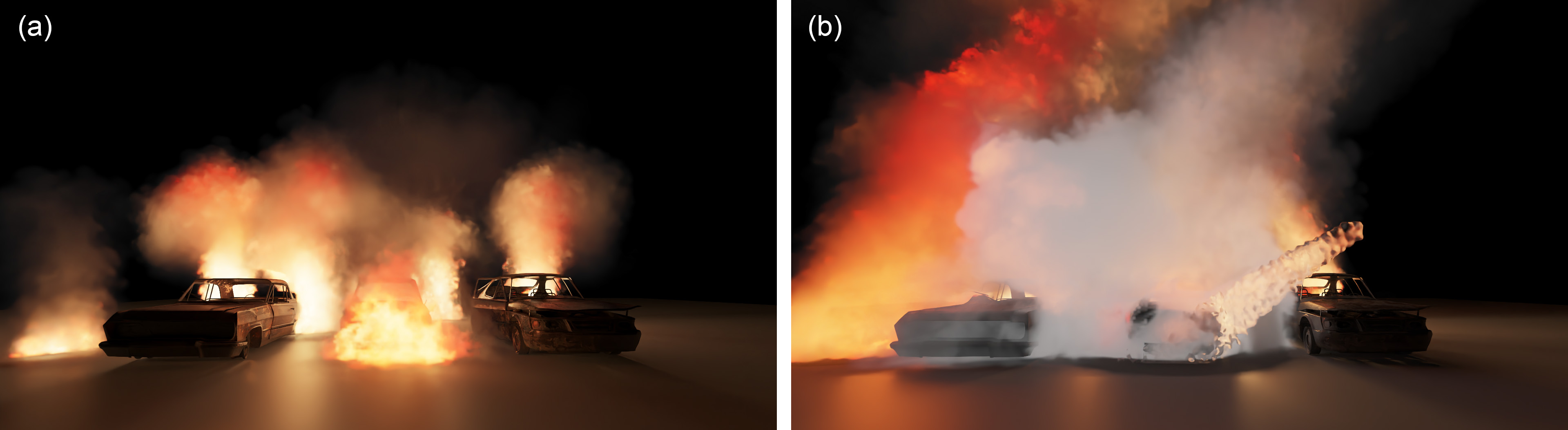Two frames of a timeseries showing the extinction of a complex fire