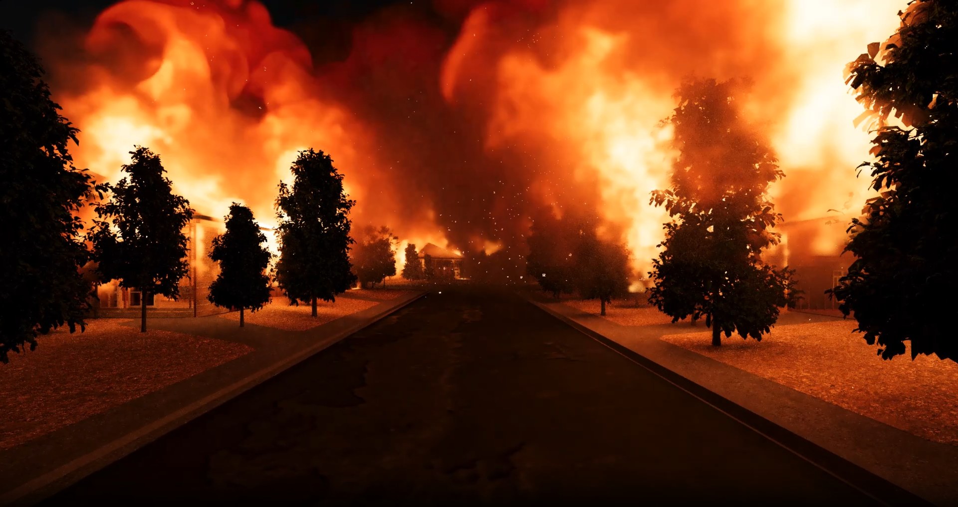 An urban wildfire burning through vegetation and buildings, simulated with Flamescapes