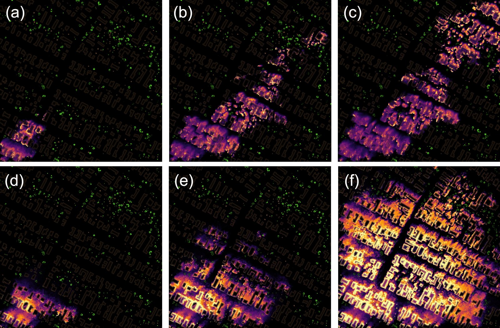 Top-down temperature, wood and leaf visualization of two wildfire scenes